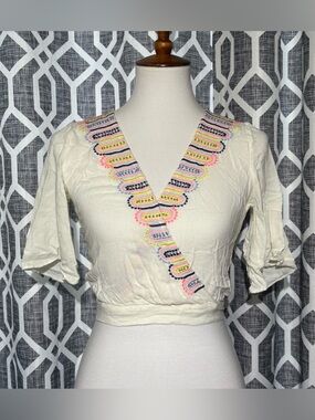 Lulumari Cream Embroidered V-Neck Crop Top with Multicolor Detail